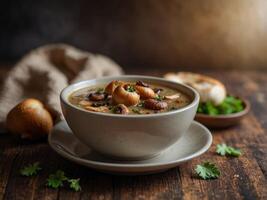 Mushroom champignon soup with fried mushroom topping. photo