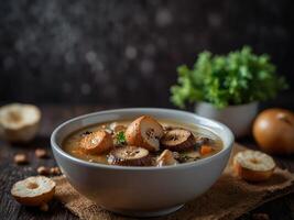 Mushroom champignon soup with fried mushroom topping. photo