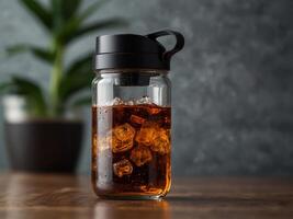 A compact portable cold brew maker made of clear plastic with a builtin mesh filter and a lid that doubles as a cup. photo