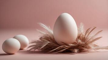 A dynamic composition of a white and brown egg surrounded by soft, floating feathers on a pink background, symbolizing fragility and contrast in a minimalistic style. photo