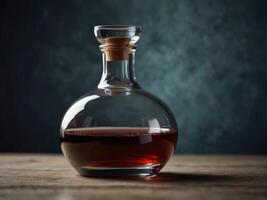 The smooth glass surface of a decanter perfectly reflecting the vibrant colors of a bold and complex wine. photo
