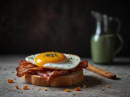 Scrumptious breakfast of bacon and egg on toast. photo