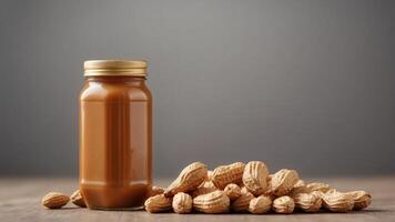 peanuts and peanut butter on solid background with copy space. photo