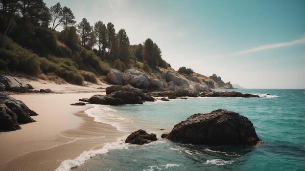 Scenic view of ivory shoreline and turquoise waters in the great outdoors by the ocean. photo