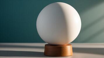 A white, round object stands on a pedestal in front of a teal wall the sun casts a long shadow across the wall the image is minimalist and abstract. photo