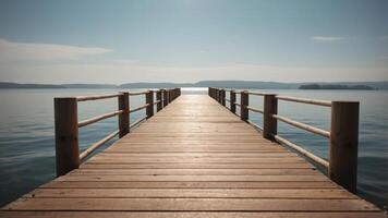 Close-up of wooden pier extending into the calm ocean under a bright sky, evoking a sense of tranquility and summer leisure. photo