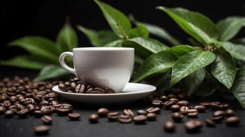 Coffee beans and green leaves on black background. photo