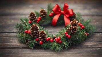 Festive Christmas wreath with pinecones, red bow, berries on rustic background. photo