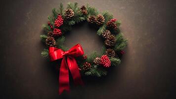 Festive Christmas wreath with pinecones, red bow, berries on rustic background. photo