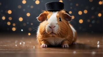 Guinea pig inside top hat with magical spark shower above. photo