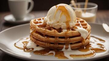 Waffle topped with vanilla ice cream drizzled syrup. photo