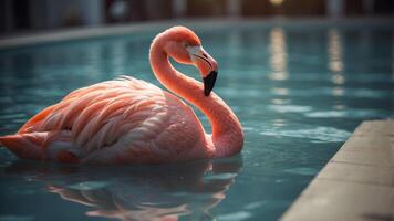 Vertical Image Of A pink flamingo float in a swimming pool. photo