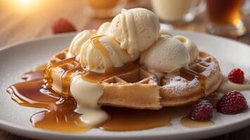 Waffle topped with vanilla ice cream and syrup. photo