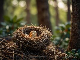 A bird's nest in a minimal outdoor space, with soft lighting highlighting the nest on the right side. photo