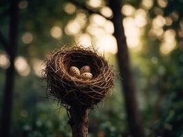A bird's nest in a minimal outdoor space, with soft lighting highlighting the nest on the right side. photo