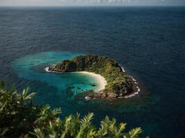 A nature island surrounded by the sea is tropical paradise a hidden oasis of pleasure and rest, small volcanic island flat lay, background. photo