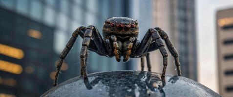 A spider sculpture perches on the side of a skyscraper. photo