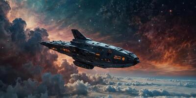 A spaceship is flying above the clouds with a beautiful nebula in the background. photo