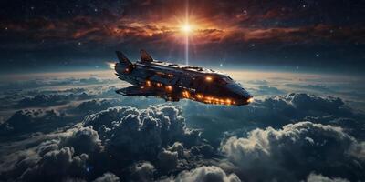 A spaceship is flying above the clouds with a beautiful nebula in the background. photo