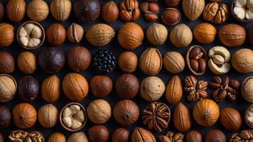 A variety of nuts and seeds are arranged on a dark surface. photo