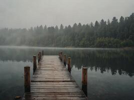 A tranquil lake scene enveloped in mist, featuring a long wooden dock extending into the calm waters, evoking a sense of peace and solitude, ideal for nature lovers. photo