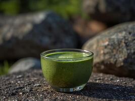 Close-up of a cup of matcha tea on a rock. photo