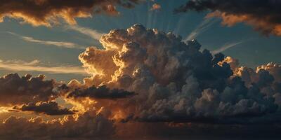 Clouds hang low in the sky with beams of golden crepuscular rays shining through the breaks creating a heavenly and peaceful scene. photo