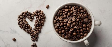 Coffee beans in a form of question mark and white cup faq, ask and information about coffee flat lay invitation concept. photo