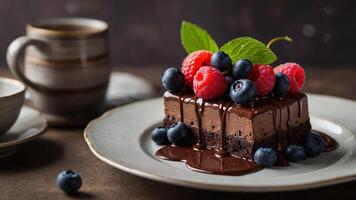 Decadent chocolate dessert with fresh berries and artistic edible decorations. photo
