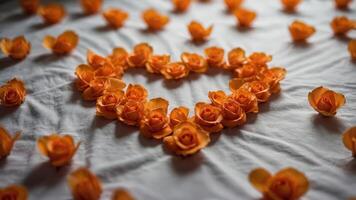 Orange rose petals arranged in a heart shape on a bed. photo