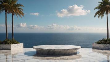 white marble podium with sea view on background, product presentations background. photo