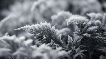 An array of frost structures like frozen ferns grow and spread on the glass Black and white art. photo