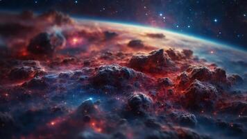 The captivating image of a galaxy features brilliant star clusters and vibrant cosmic dust in red and blue hues, evoking the mysteries of space. photo