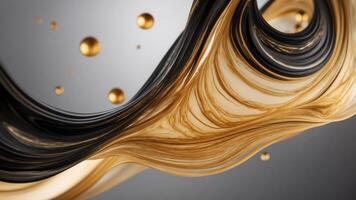 Abstract swirl of black fluid with golden specks on light background. photo
