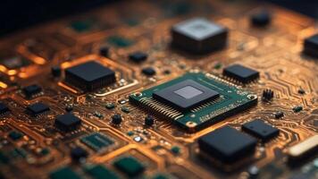 Abstract closeup of a circuit board with a processor chip. photo