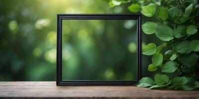 Empty Elegant Black Wooden Frame Mockup with Green Leaves Background Ideal for Stylish Wall Decor and Artwork Display, Providing Abundant Copy Space for Customization. photo