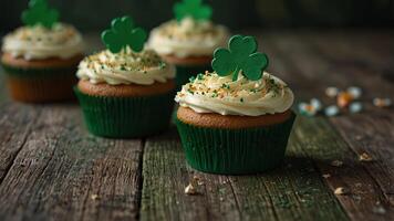 St Patrick s Day cupcakes with clover leaf decorations and cream on a green wooden background close up view with copy space image. photo