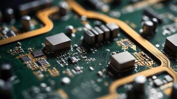 Abstract closeup of a circuit board with a processor chip. photo