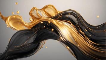 Abstract swirl of black fluid with golden specks on light background. photo