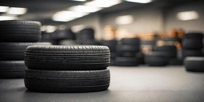 Stack of tires in garage decoration with soft focus light and bokeh background. photo