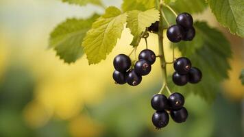 Black currants with green leaf on yellow background. photo