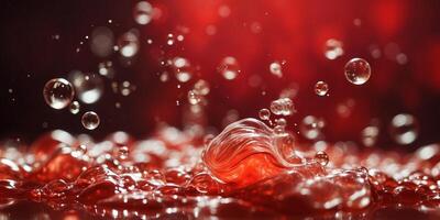 Soap foam with bubbles on a blurred red background Closeup. photo