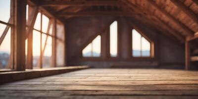 Empty attic space with wood beams and a window. photo