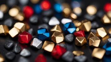 modern and abstract background with geometric shapes in red, blue, gold, silver, and black. photo