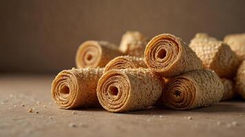 Stack of rolled vanilla wafer cones on beige background, macro shot Dessert and snack concept. photo