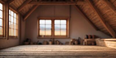 Empty attic space with wood beams and a window. photo