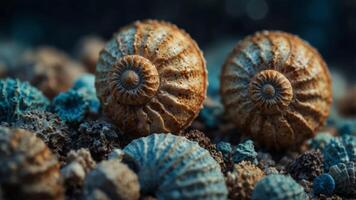Ammonites and nautiluses are extinct marine animals with beautiful blue spiral-shaped shells They lived in the Jurassic and Mesozoic eras. photo