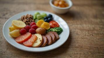 Balanced diet plate divided into sections that emphasizes the importance of the right types of fats. photo