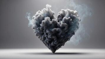 Dark smoke in heart shape on light gray background. photo
