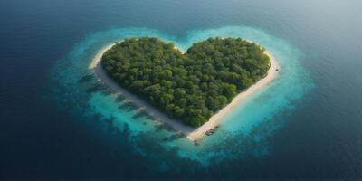 Top view of an island in the ocean in heart shape. photo